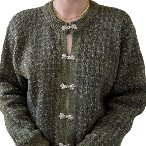 Vintage LL Bean Olive Green Wool Blend Birdseye Made in Norway Cardigan Sz M - Picture 6 of 9